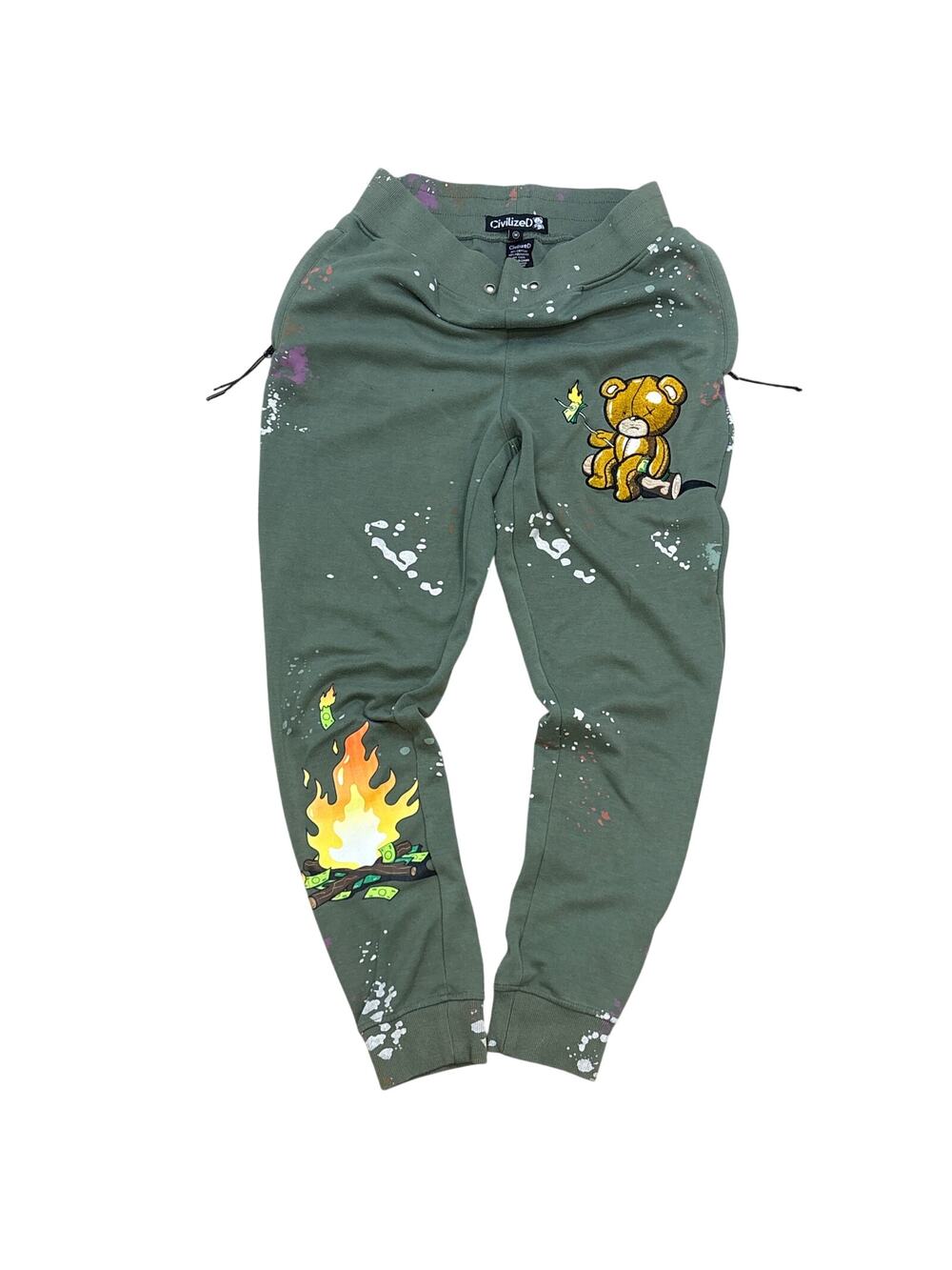 Civilized Burning Cash Joggers patchwork Sweatpants XL paint splatter olive Med